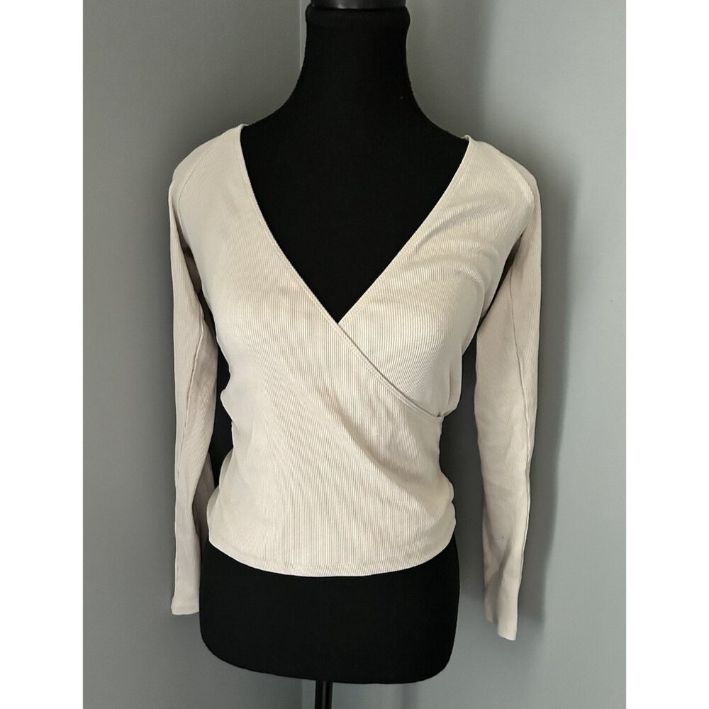 Zara Ribbed Crossover Long Sleeve Shirt Deep V Pullover Open Back Size M beige